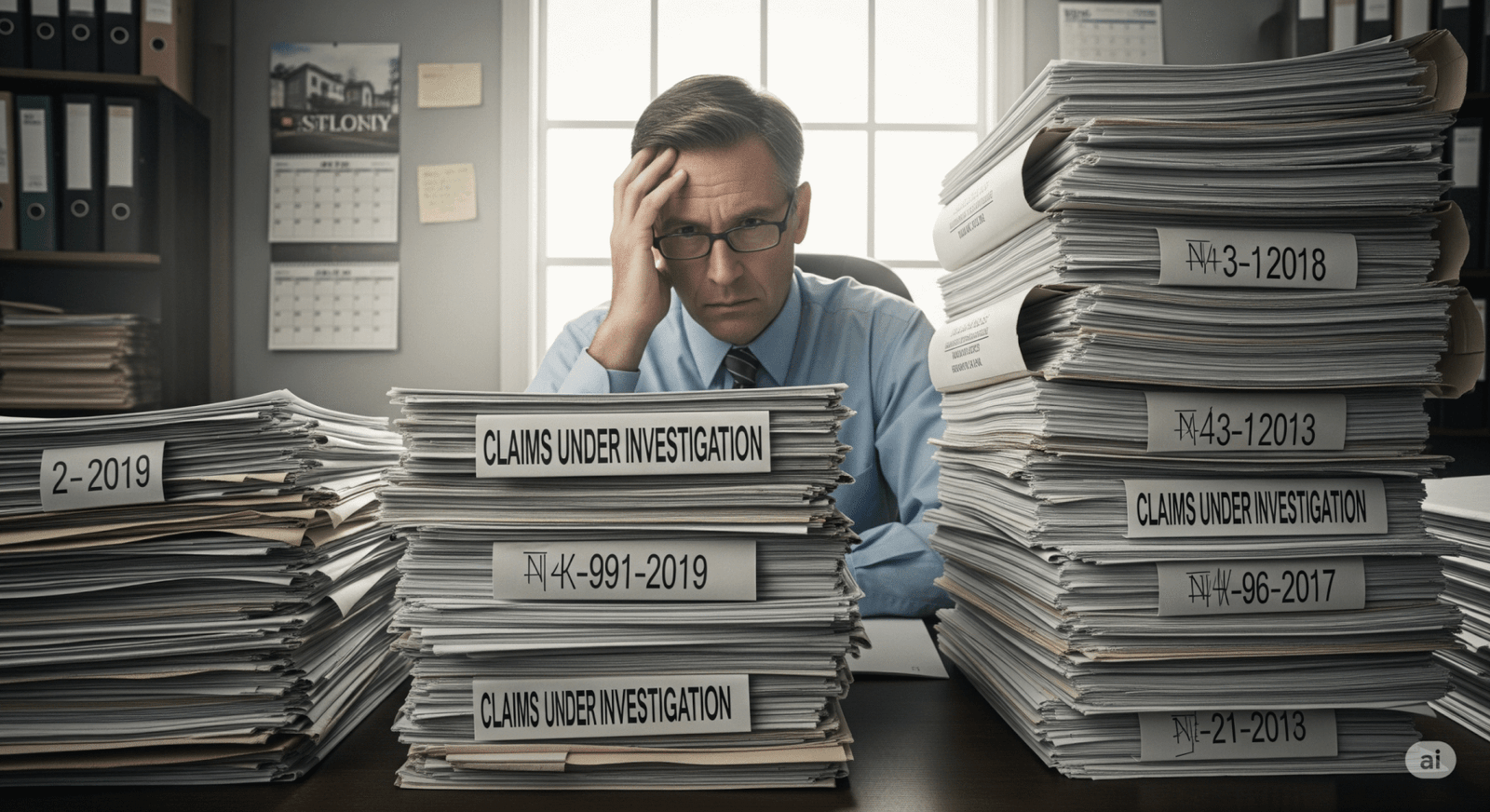 A Stressed Insurance Adjuster in front of pile of unsolved files