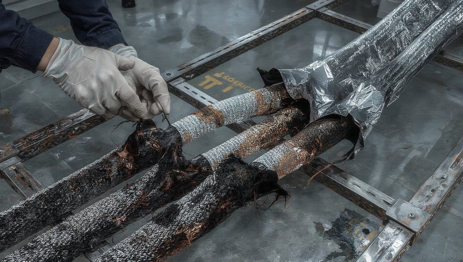 A forensic engineer in a dark blue MC Forensics coverall examining a damaged high-voltage power cable during an investigation.