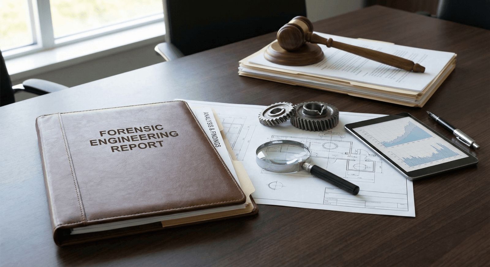 A professional engineering report with a magnifying glass and a broken metallic gear next to a legal gavel, representing a defensible forensic engineering investigation