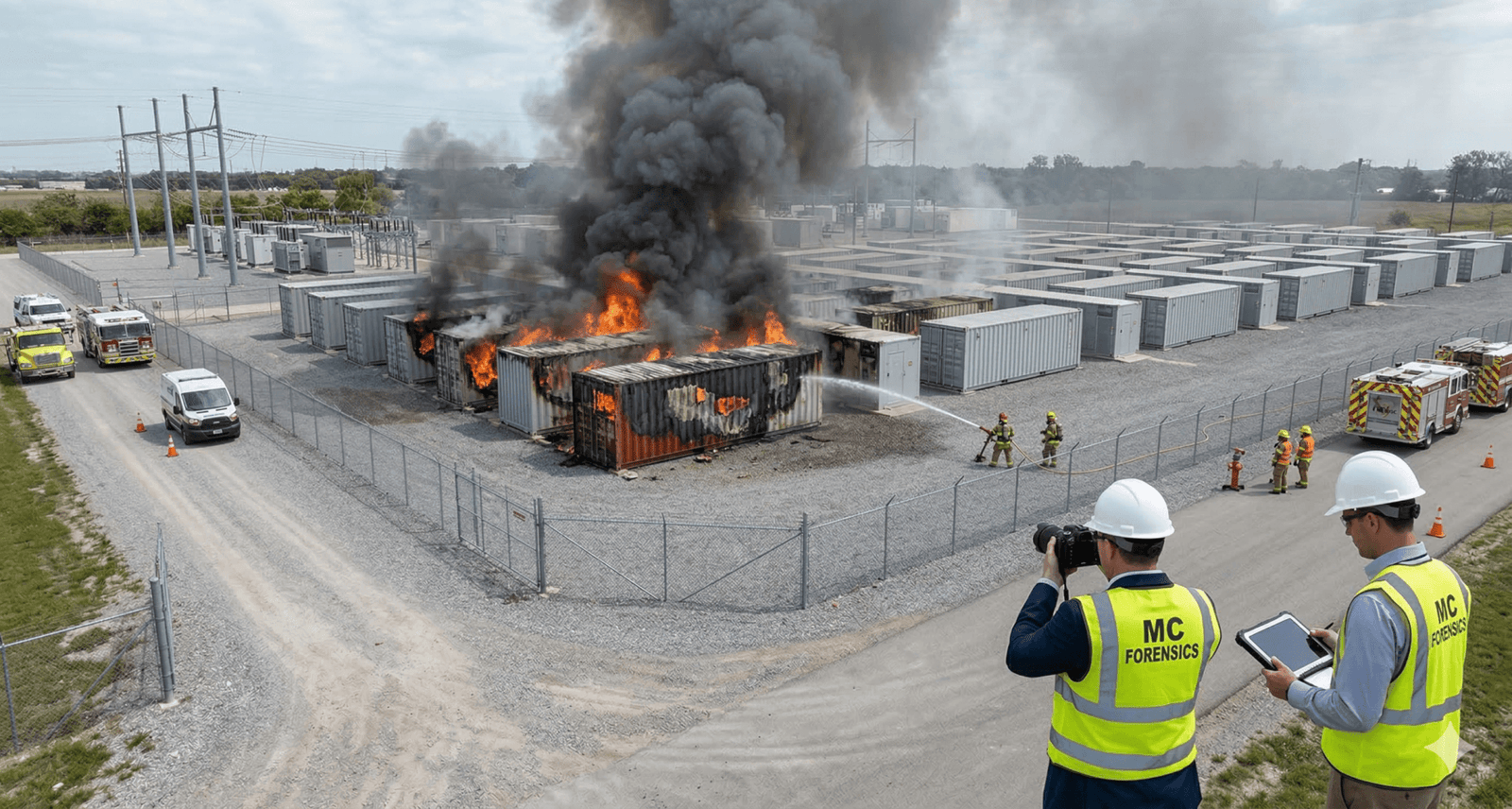 Forensic engineers conducting on-site BESS fire investigation at a battery storage facility