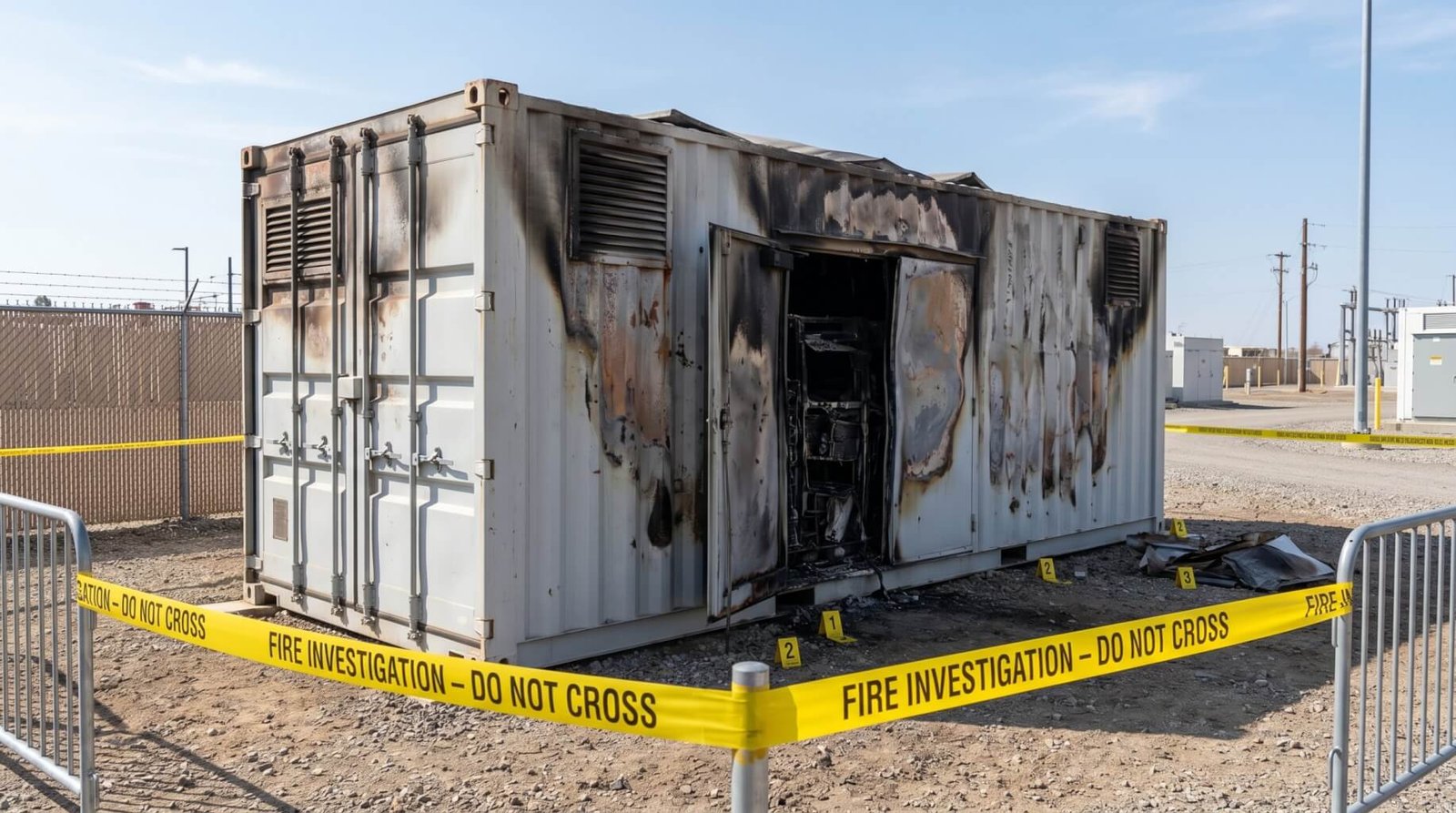 A severely burnt BESS container with one door open.