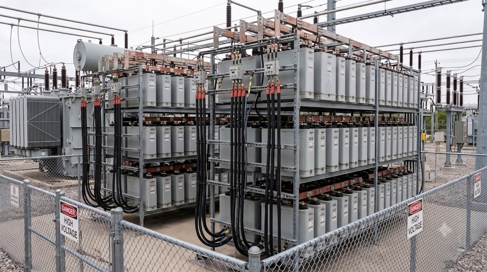 Medium-voltage shunt capacitor bank for power-factor correction in a substation yard