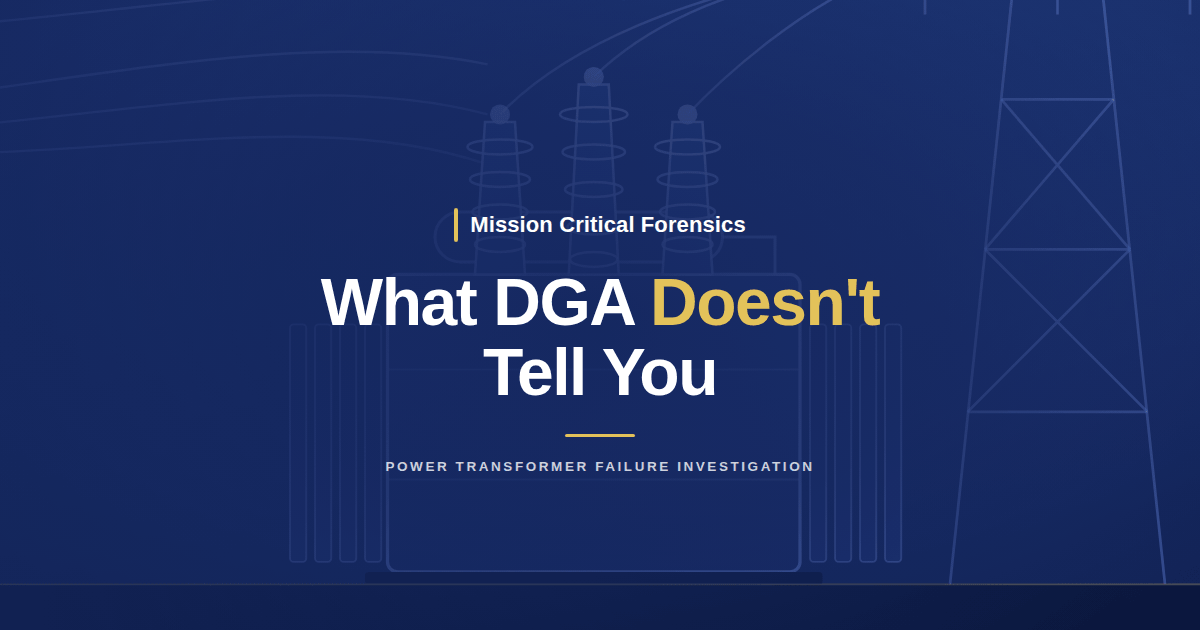 What DGA Doesn't Tell You — Mission Critical Forensics, power transformer failure investigation. Line illustration of a transformer with three high-voltage bushings and a transmission tower.