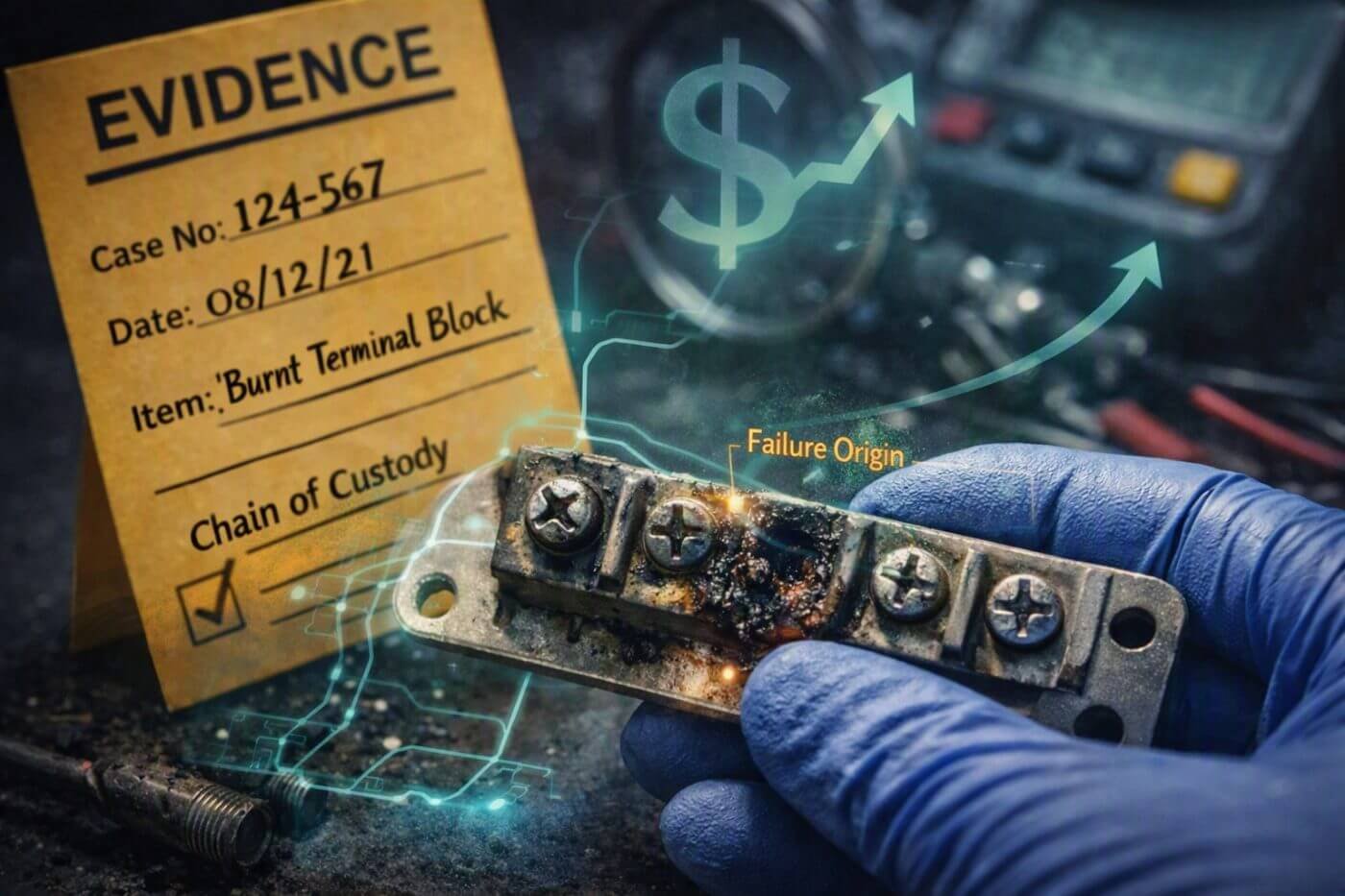 Gloved hand holding a burnt terminal block tagged as evidence, with a chain-of-custody card and rising recovery arrows.